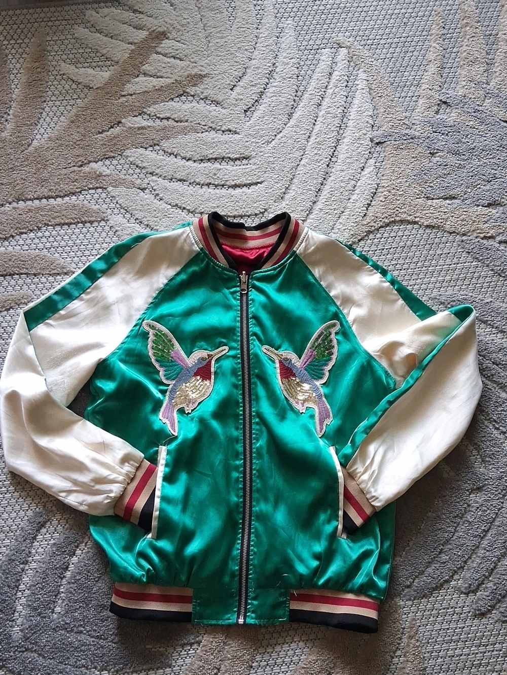 Emerald Green Satin Bomber Jacket with Hummingbird Embroidery - Double Faced
